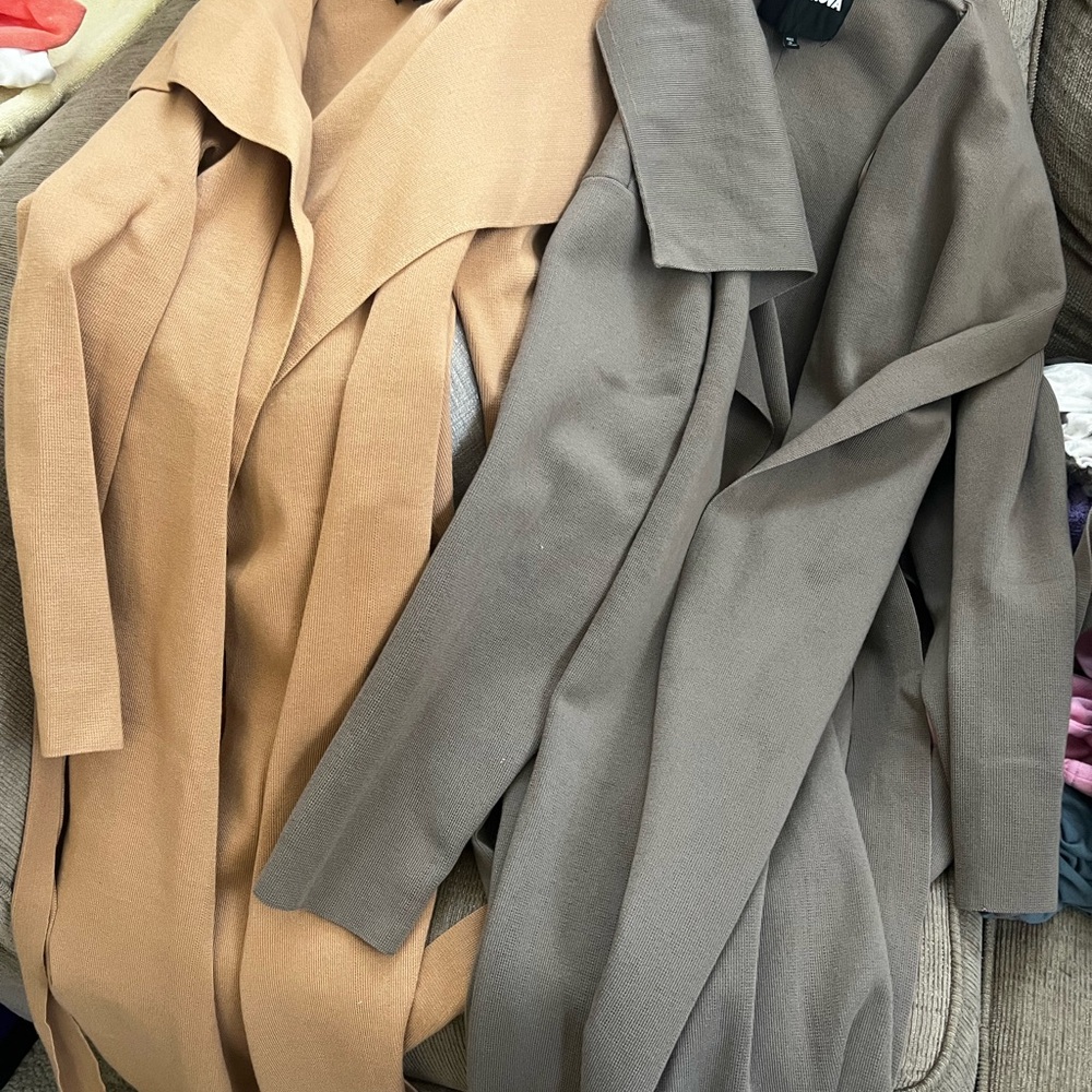 *SOLD*FashionNova Tan and Gray Open Front Long Cardigan/Coat